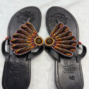 Butterfly design Embellished Black Leather Beaded Sandals - Size 40